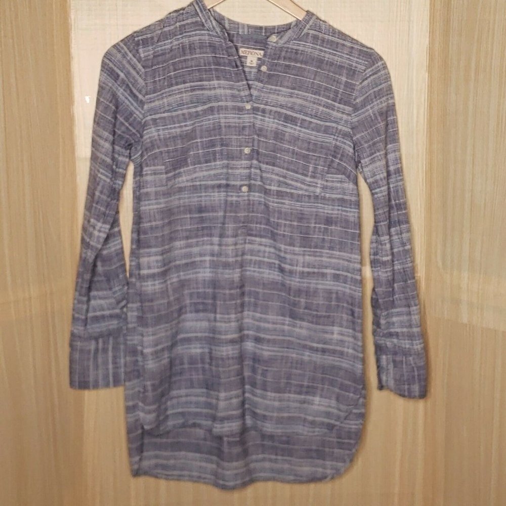 Merona Womens Blue Long Sleeve Cotton Striped Textured Print Tunic Medium